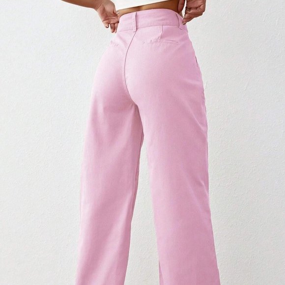 Pink Preppy Womens Solid High Waist Wide Leg Jeans - Picture 3 of 5